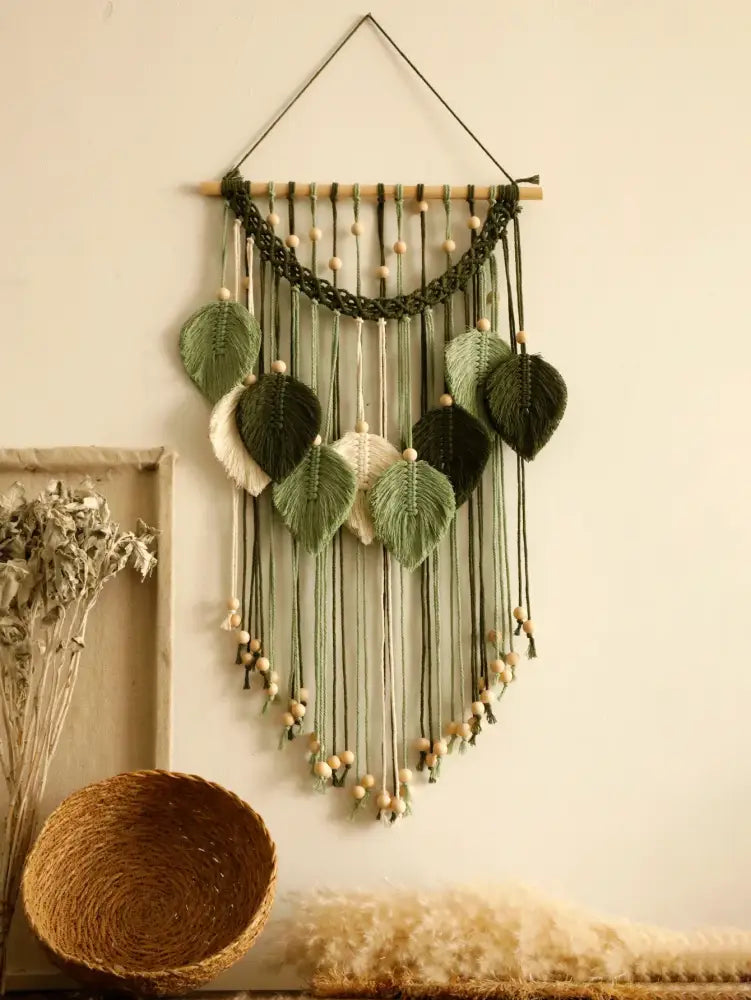 Boho green & beige macrame wall hanging living room leaf decor