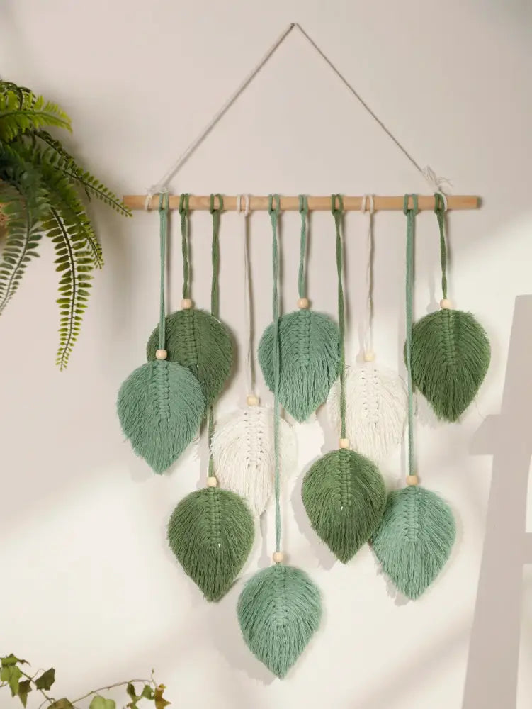 Boho green & beige macrame wall hanging living room leaf decor