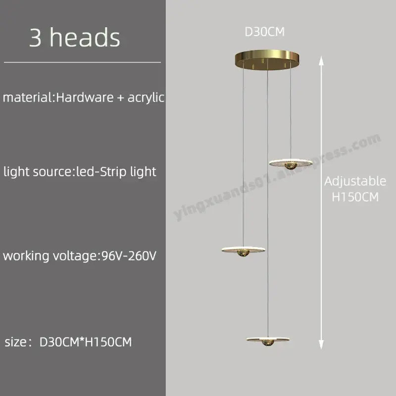 Modern minimalist gold led chandelier for revolving staircase loft