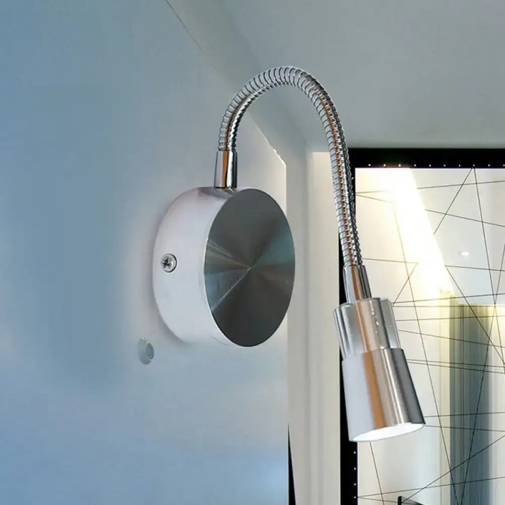 Chrome flexible gooseneck reading light with mini metal shade bedroom