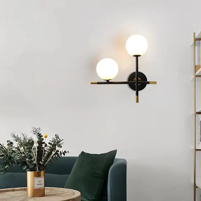 Modern black & brass led glass ball wall lamp bedroom sconce