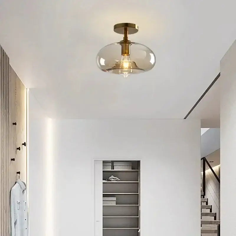 Modern amber glass ceiling light brass stem living room chandelier