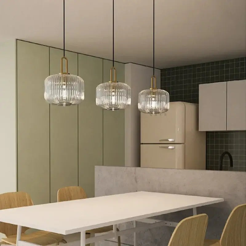 Modern ribbed led glass chandelier dining room brass pendant light