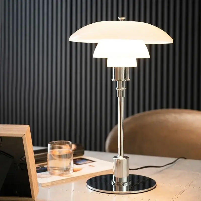 Chrome tiered frosted led glass desk lamp bedroom
