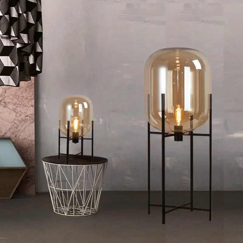 Retro amber glass floor lamp living room black metal light