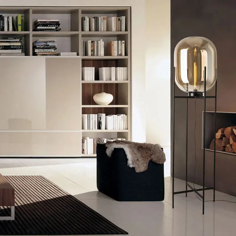 Retro amber glass floor lamp living room black metal light
