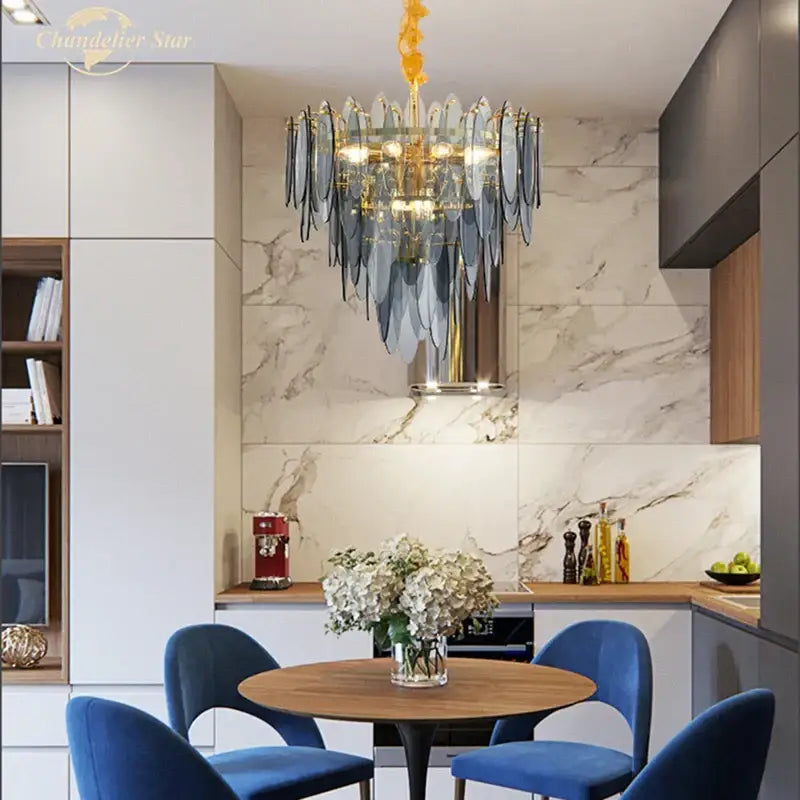 Postmodern blue & white led glass metal leaf chandelier living room