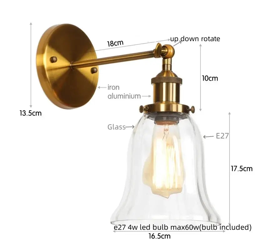 Industrial brass led glass wall lamp for stairway home decor