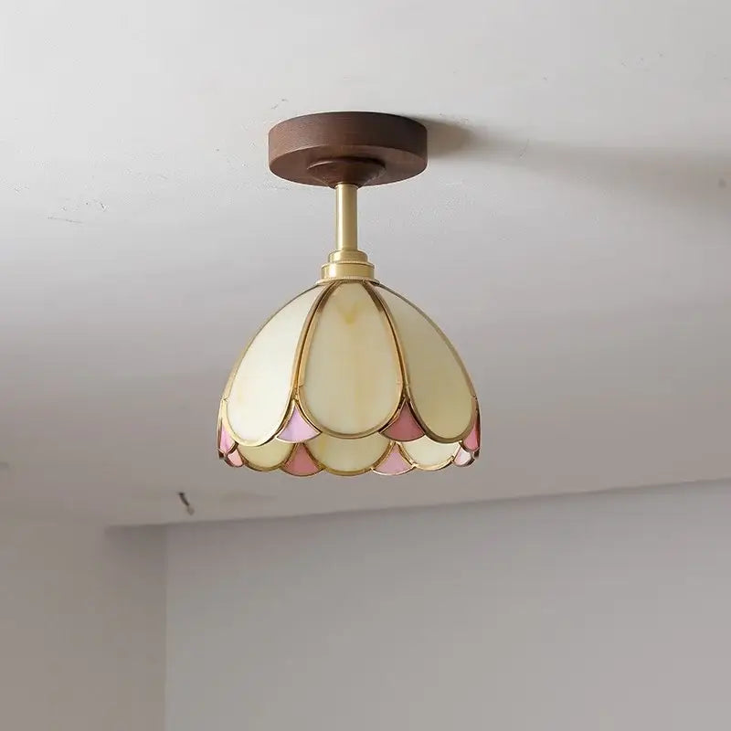 Flower shaped led glass wood ceiling lamp bedroom brass light