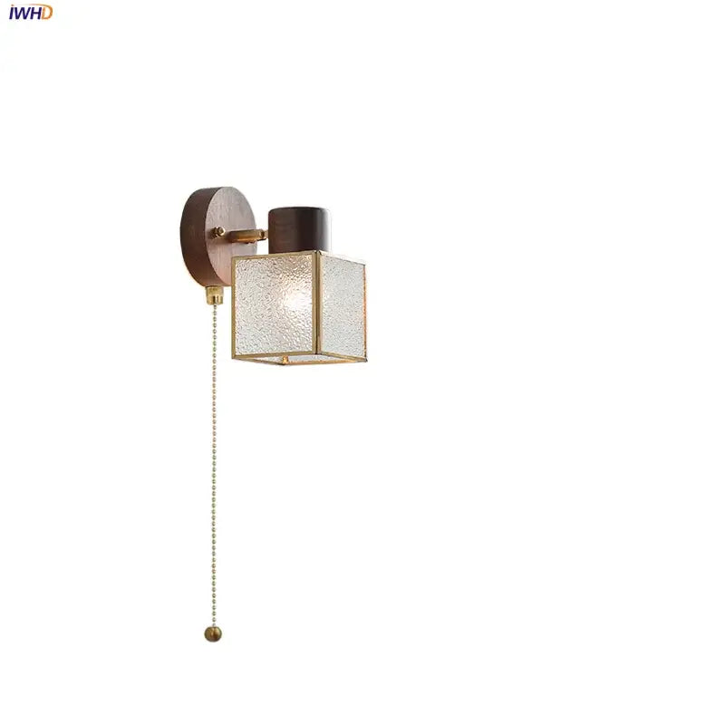 Rustic wood and brass led glass wall lamp bedroom sconce