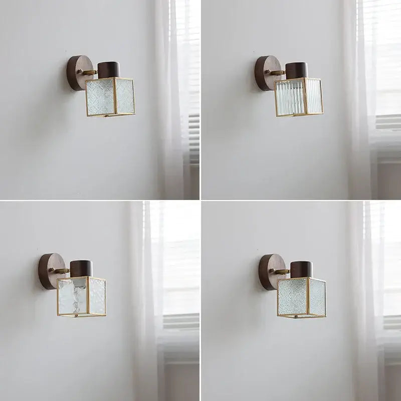 Rustic wood and brass led glass wall lamp bedroom sconce