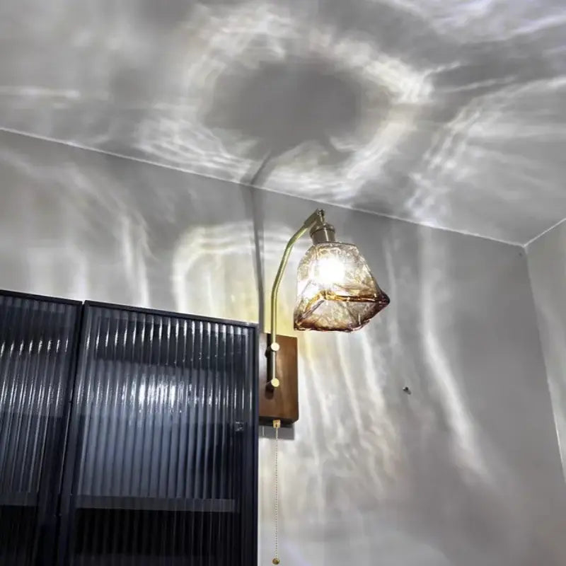 Mid century amber glass and wood wall lamp bedroom pull chain switch