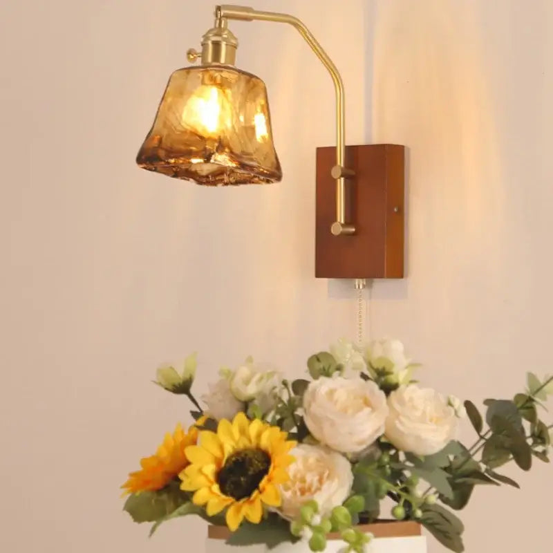 Amber glass and wood wall lamp bedroom brass finish led light