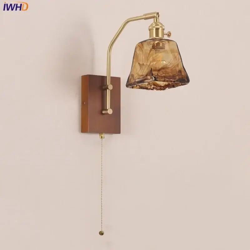 Mid century amber glass and wood wall lamp bedroom pull chain switch
