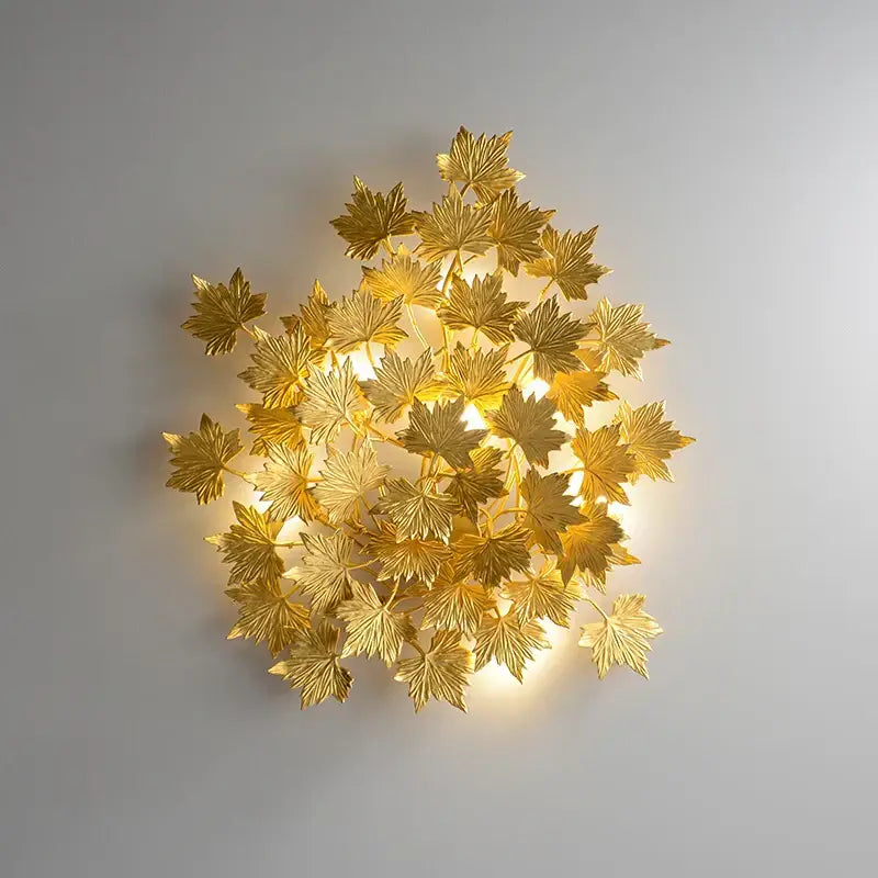 Golden maple leaves led wall sconce bedroom metallic art sculpture
