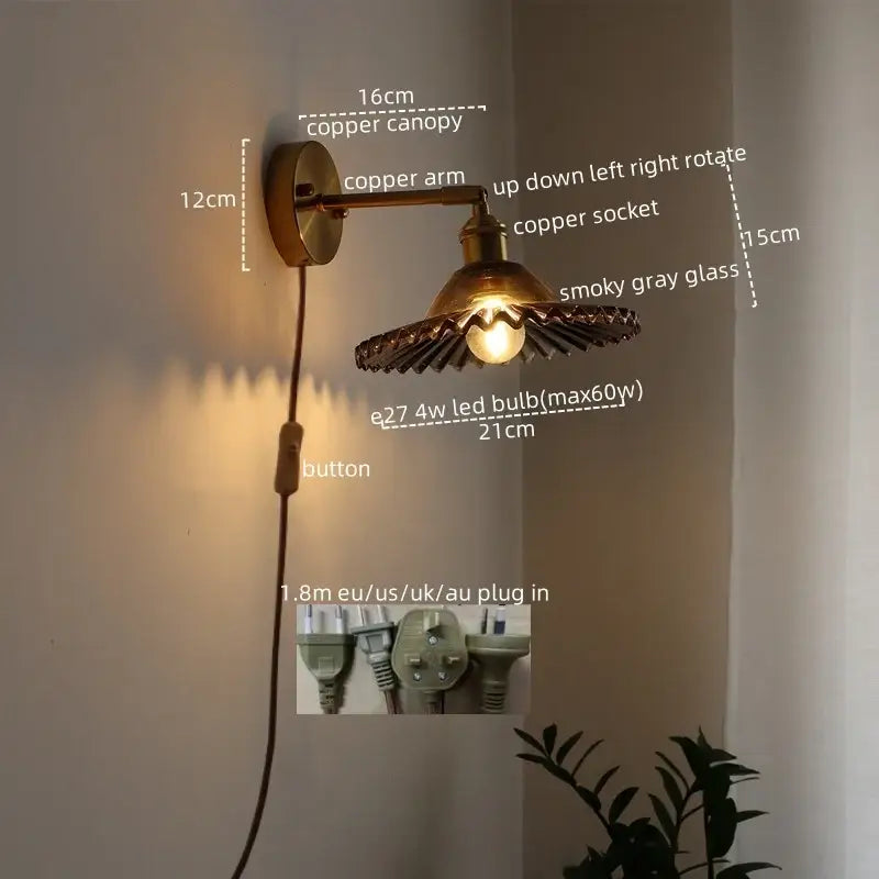 Japanese style led green glass wall light for bedroom brass sconce