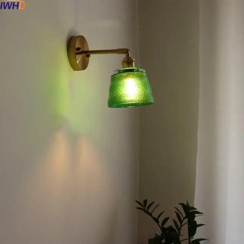 Japanese style led green glass wall light for bedroom brass sconce