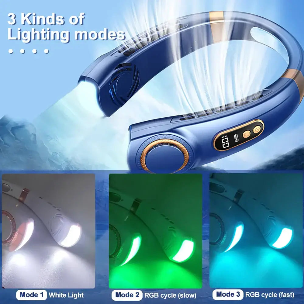 Modern blue & white neck cooling fan with colorful atmosphere lights