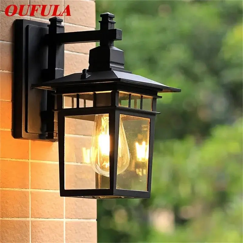 Retro black iron outdoor wall lamp clear glass lantern for patio