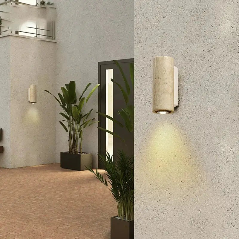Wabi-sabi stone and wood outdoor wall lamp garden sconce