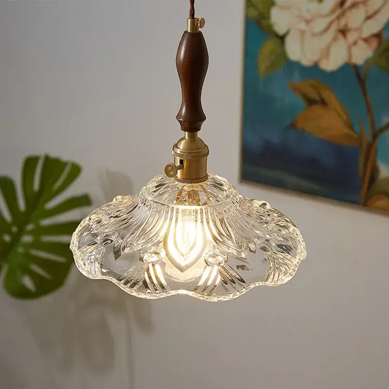 Vintage wood and cut glass led pendant lamp dining room