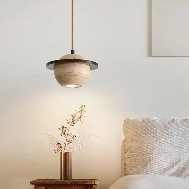 Beige stone and dark wood planet led pendant light bedroom