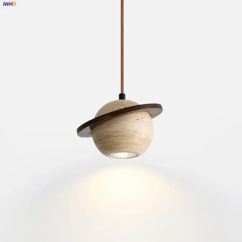 Beige stone and dark wood planet led pendant light bedroom