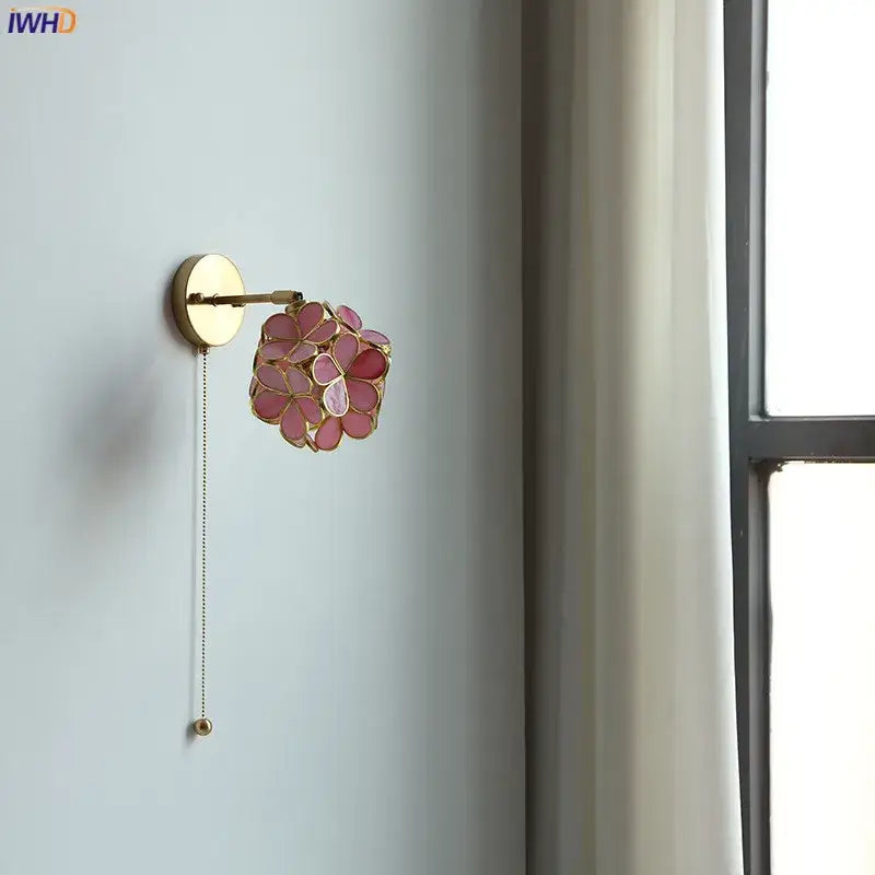 Pink cherry blossom led petal wall sconce bedroom pull chain light