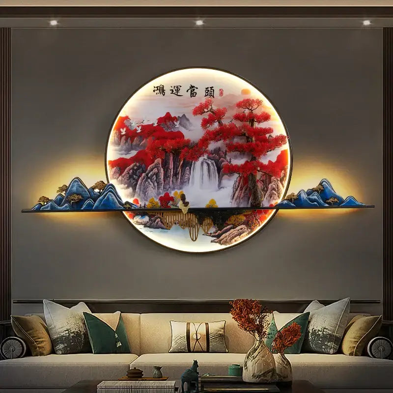 Modern red led pine landscape wall light living room art shelf