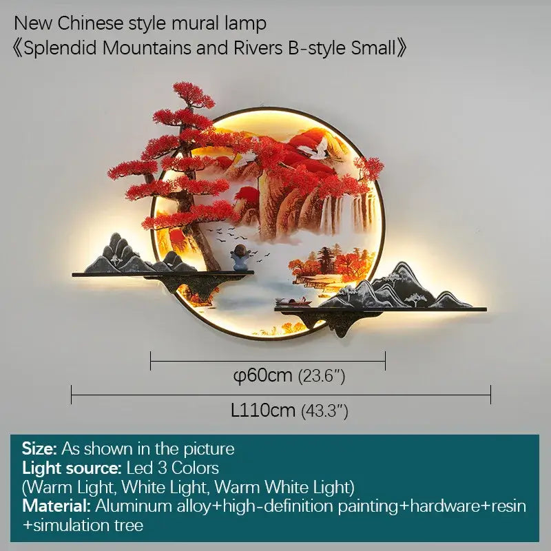 Modern red led pine landscape wall light living room art shelf