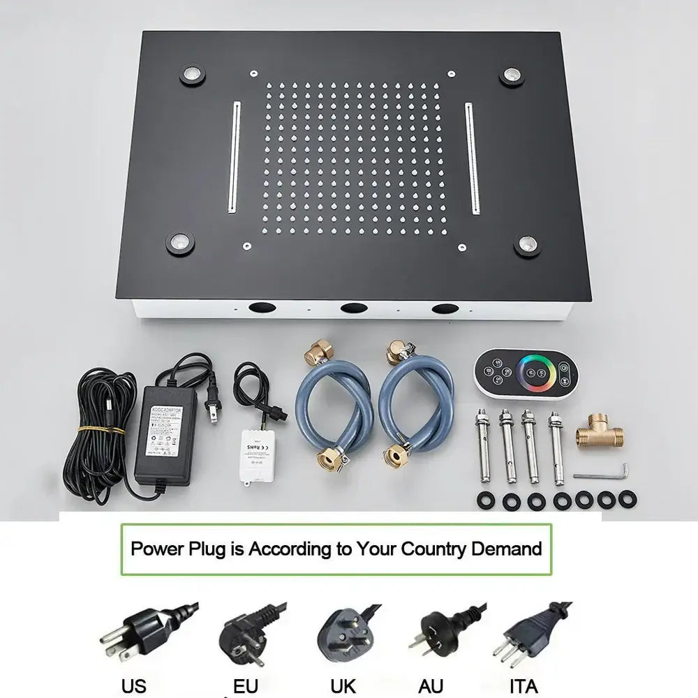 Modern black rain waterfall shower head bathroom blue led lights