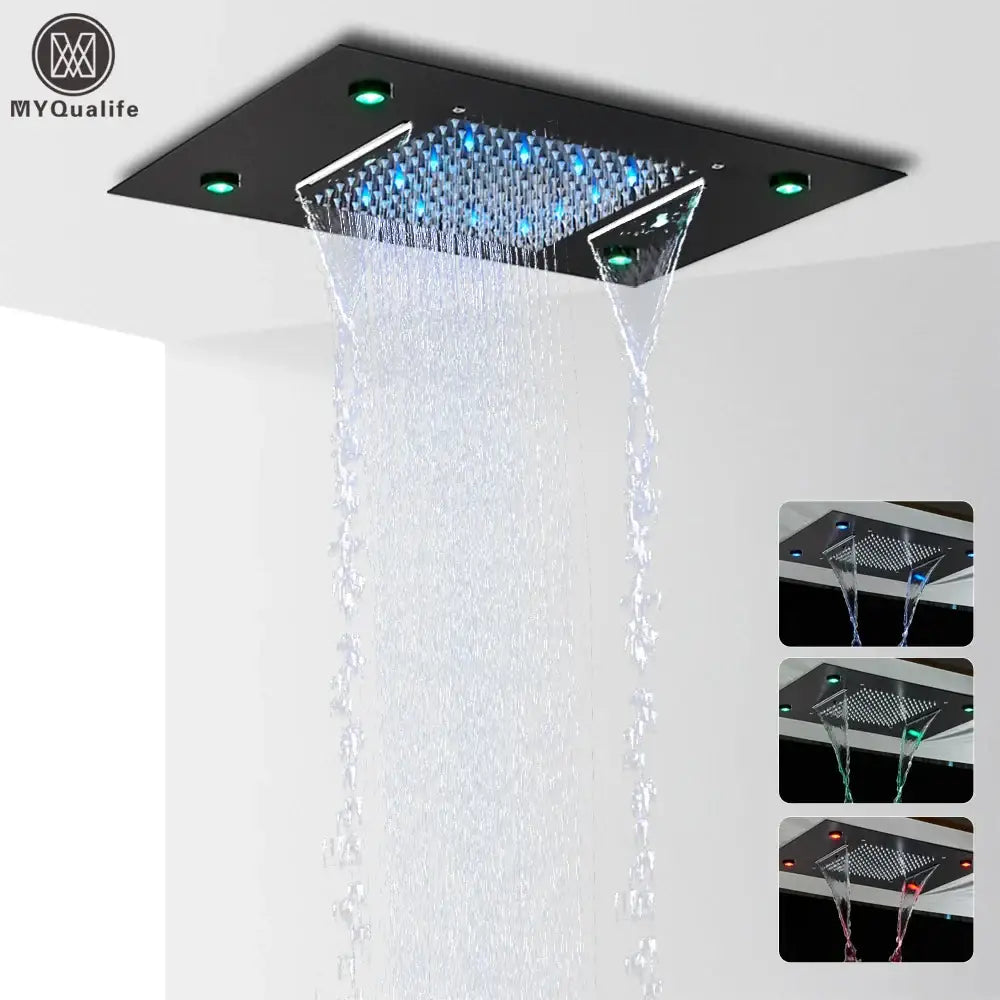 Modern black rain waterfall shower head bathroom blue led lights