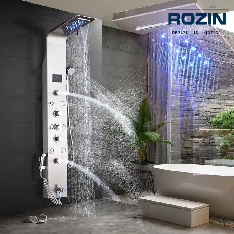 Silver rainfall led shower panel with bidet sprayer for bathroom