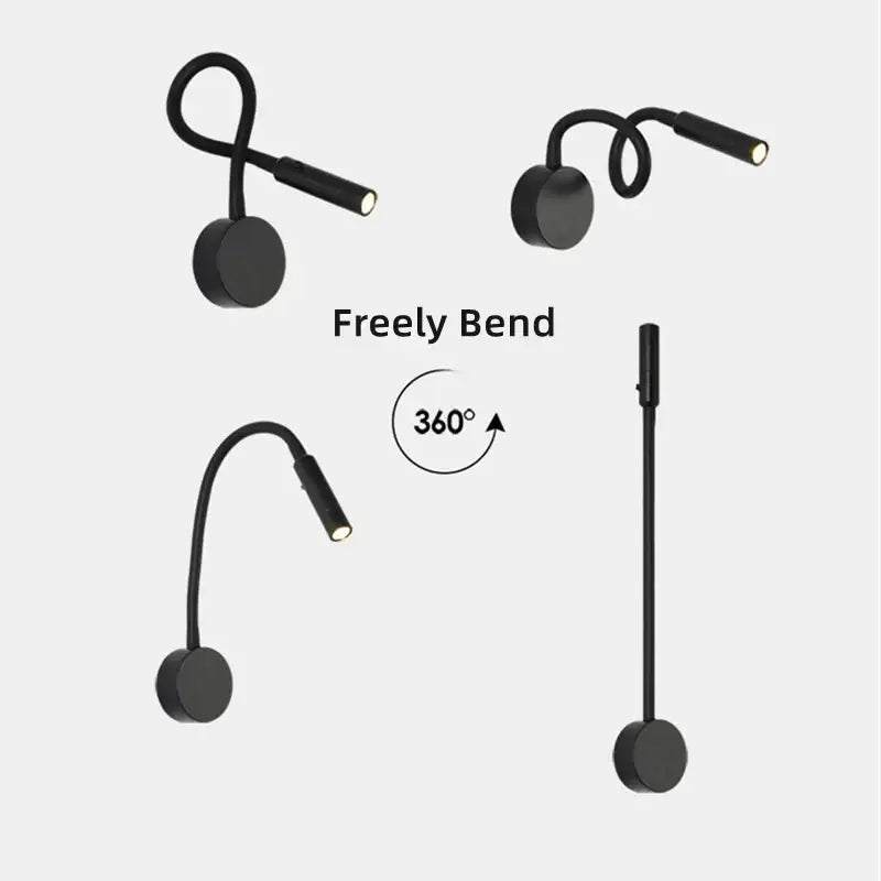 Flexible black & white led reading wall lamp for bedroom study