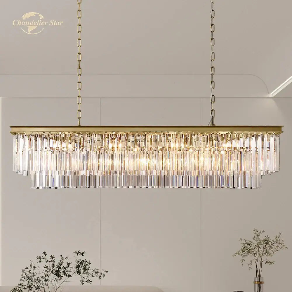 Gold rectangular crystal chandelier dining room led light