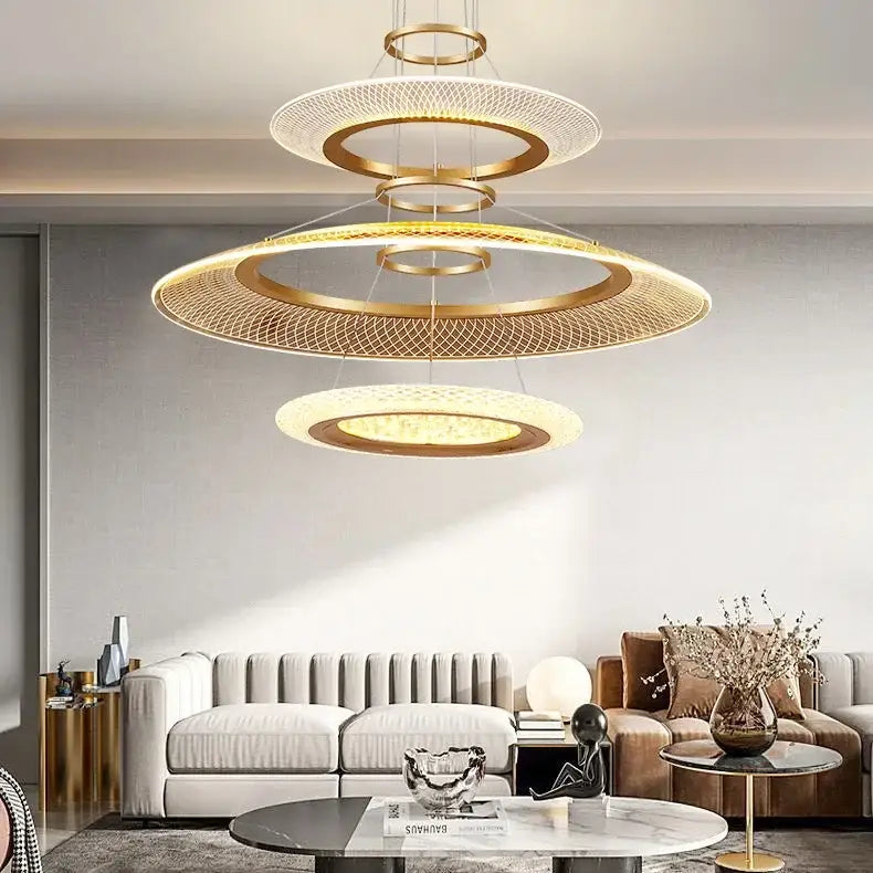 Modern gold tiered led ring ceiling chandelier for living room