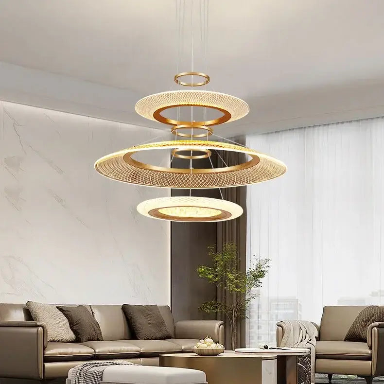 Modern gold tiered led ring ceiling chandelier for living room