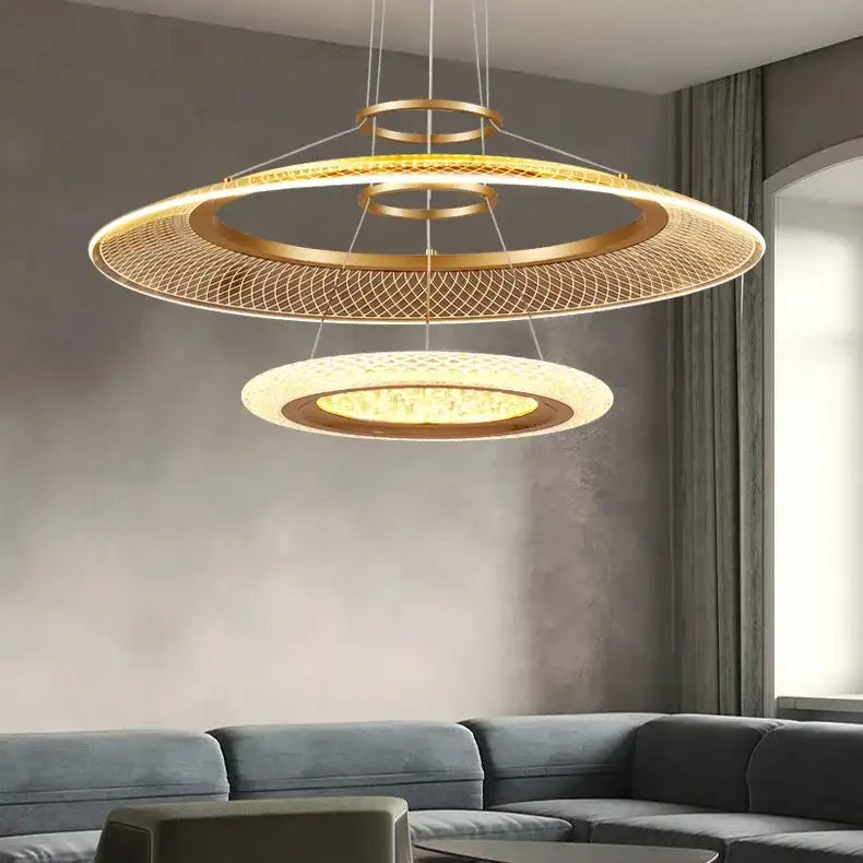 Modern gold tiered led ring ceiling chandelier for living room