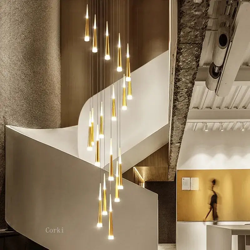 Modern gold led ring chandelier staircase cascading kitchen light