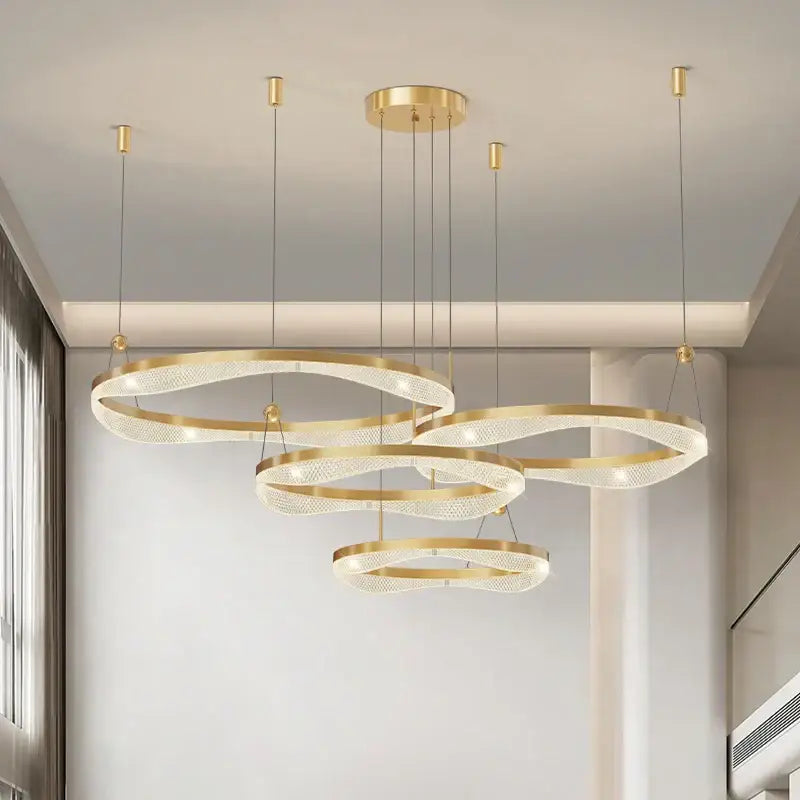 Modern gold interlocking led ring pendant chandelier living room