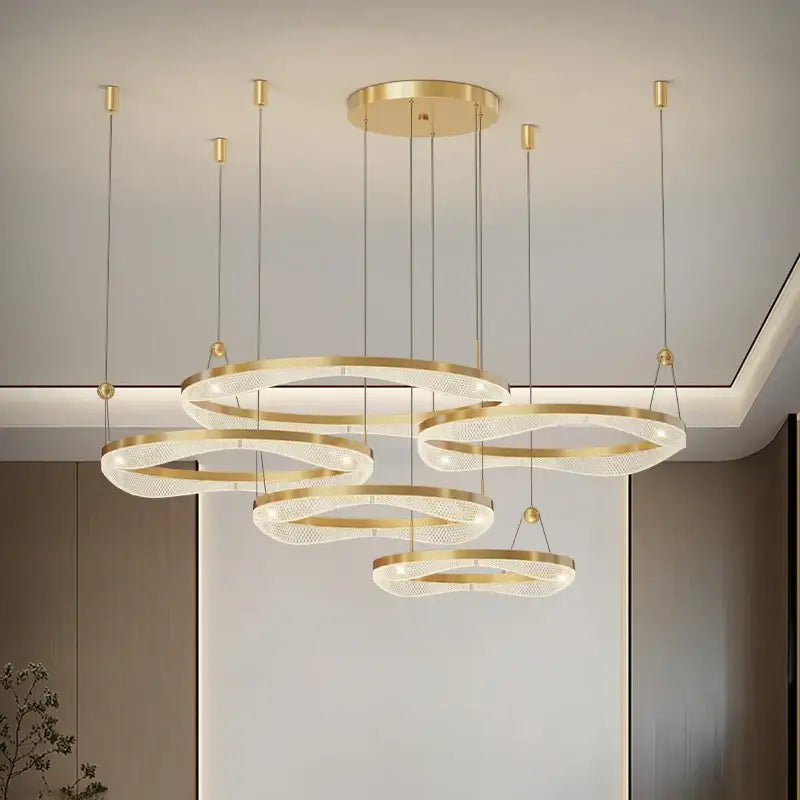 Modern gold interlocking led ring pendant chandelier living room