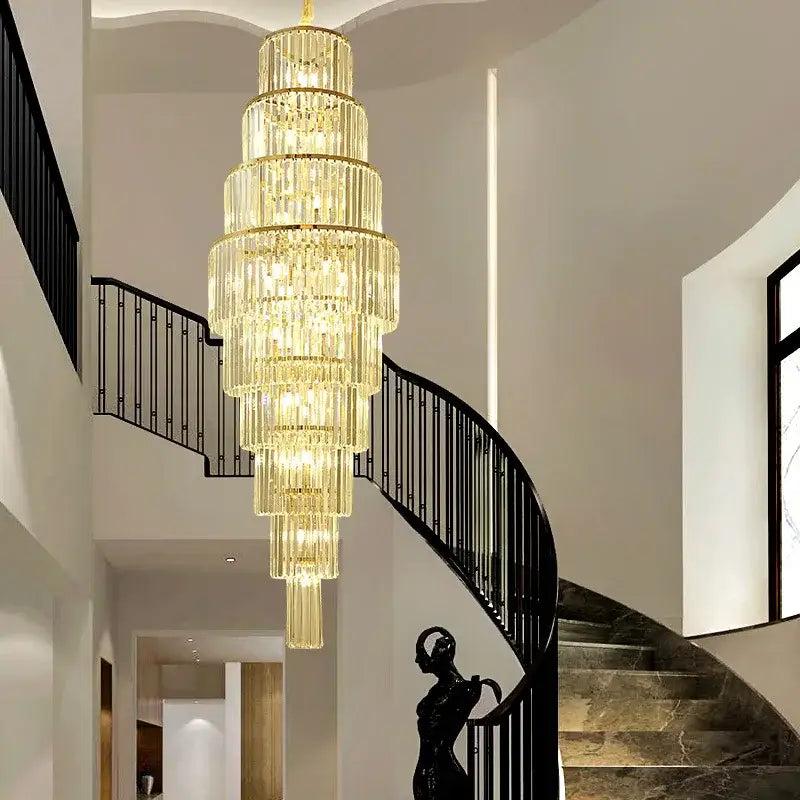 Luxury gold led rotating staircase chandelier for villa living room