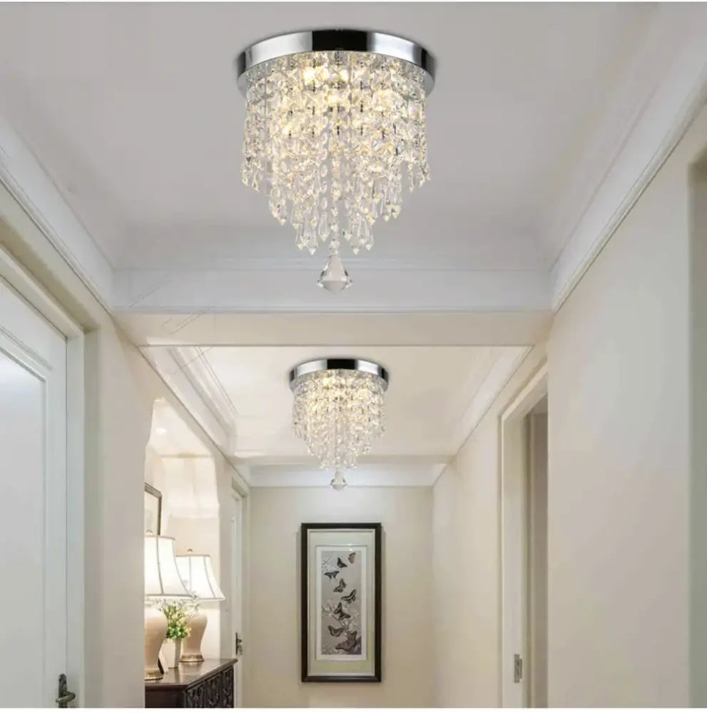 Crystal chrome led round ceiling light corridor droplet chandelier