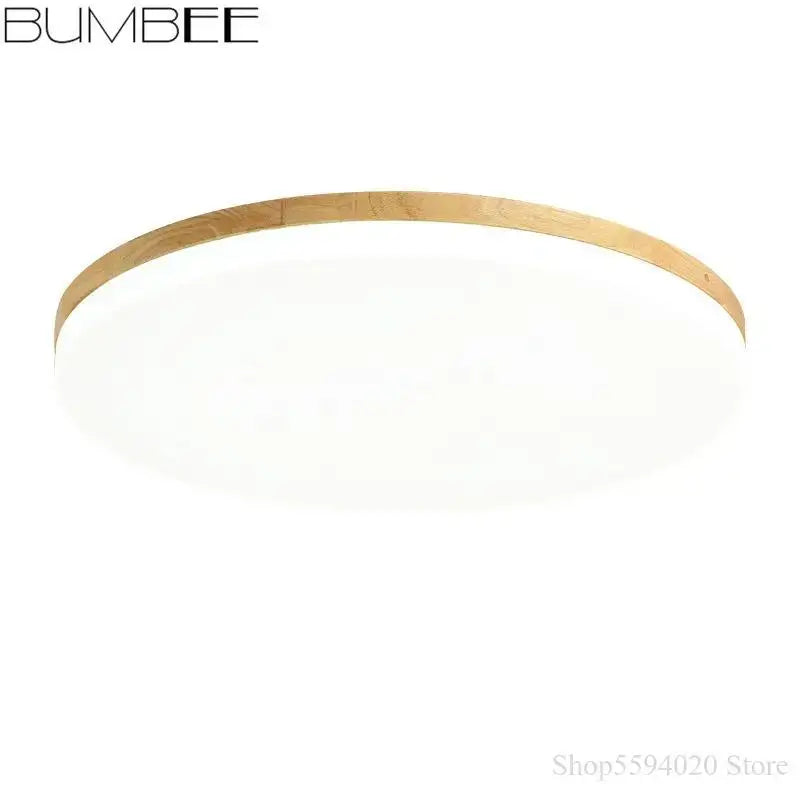 Modern wood rim round ceiling light warm yellow bedroom glow