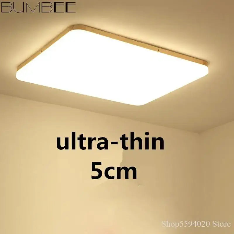 Modern wood rim round ceiling light warm yellow bedroom glow
