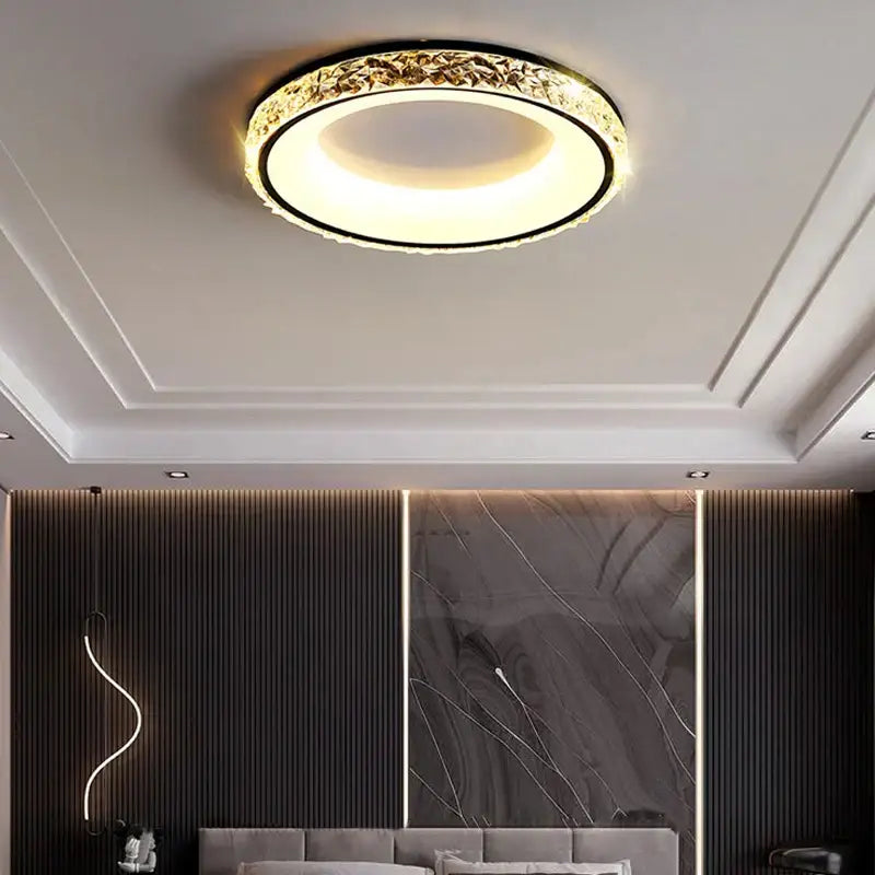 Modern textured crystal round ceiling light with remote control for bedroom