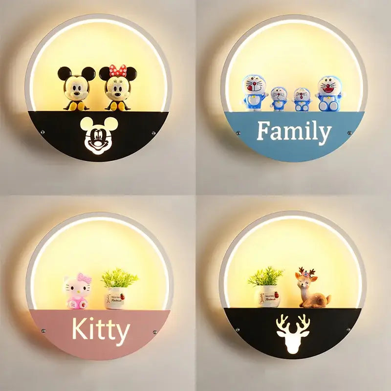 Modern round wall lamp with figurine shelf for children bedroom