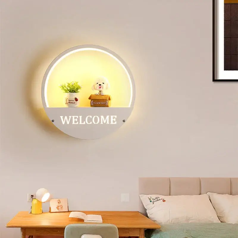 Modern round wall lamp with figurine shelf for children bedroom