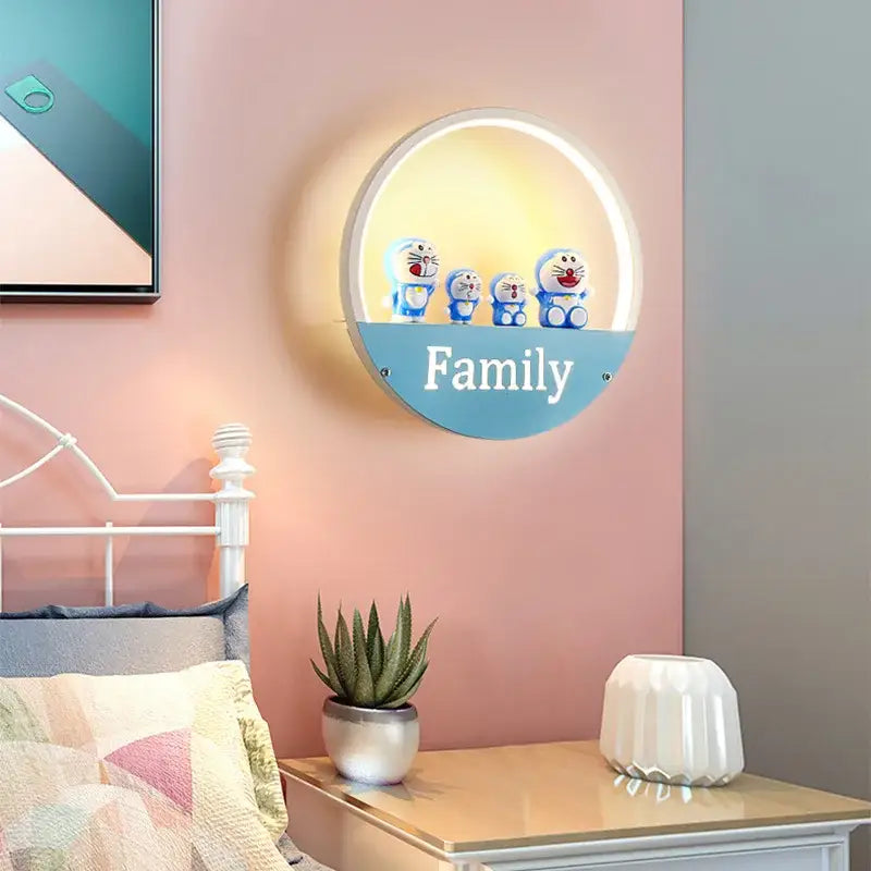 Modern round wall lamp with figurine shelf for children bedroom