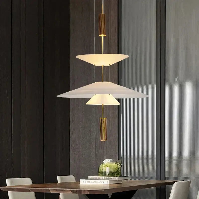 Modern tiered off-white led saucer pendant light for living room